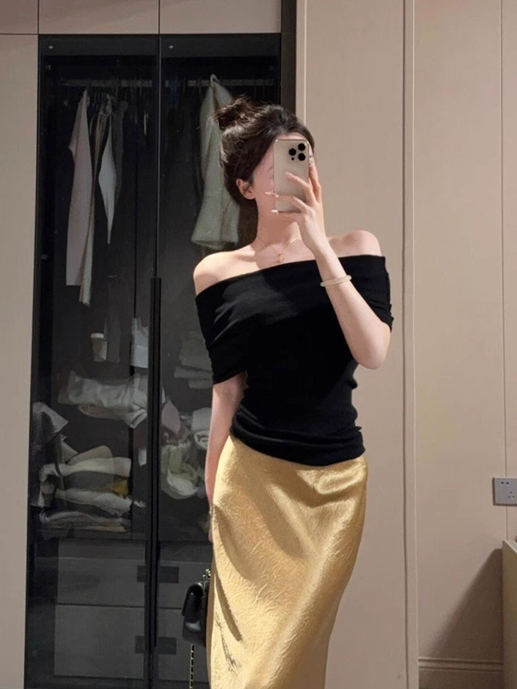 小个子黑色一字肩修身针织冰丝t恤女短袖夏