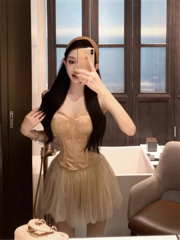 纯欲性感网纱鱼骨吊带连衣裙女夏季小个子