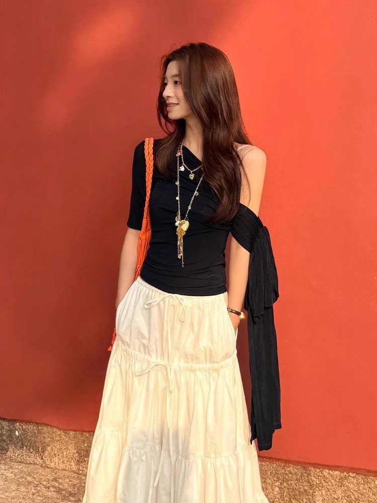 藏蓝色斜肩型飘带短袖t恤女夏季小个子修身