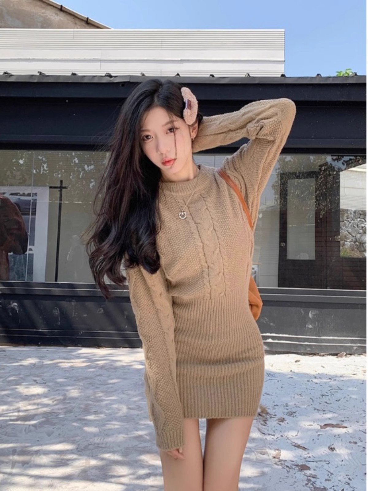 法式卡其色针织毛衣连衣裙女秋冬配大衣内搭