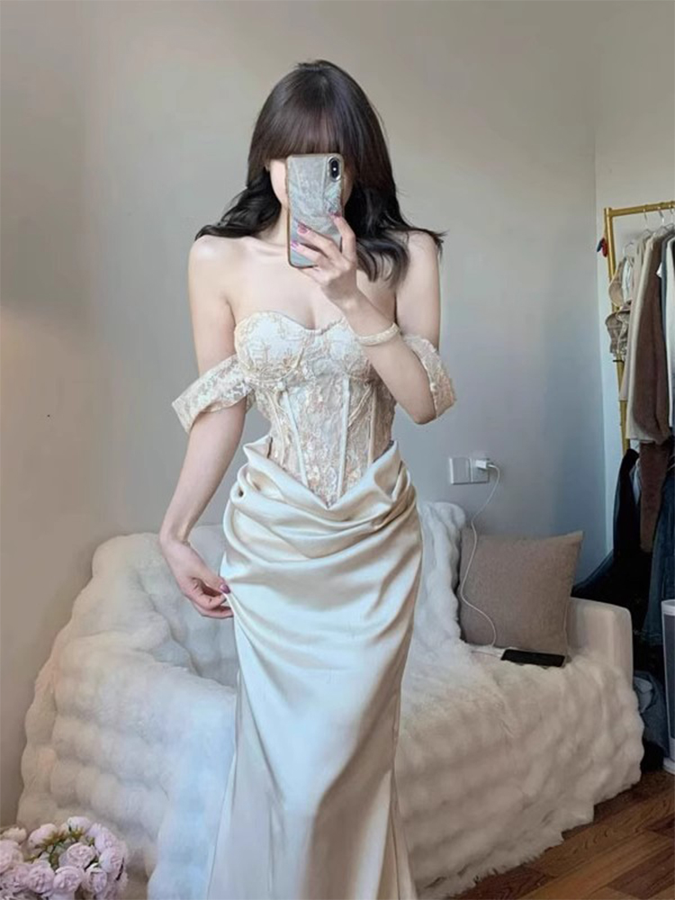 性感一字肩醋酸缎面连衣裙女轻奢高级感