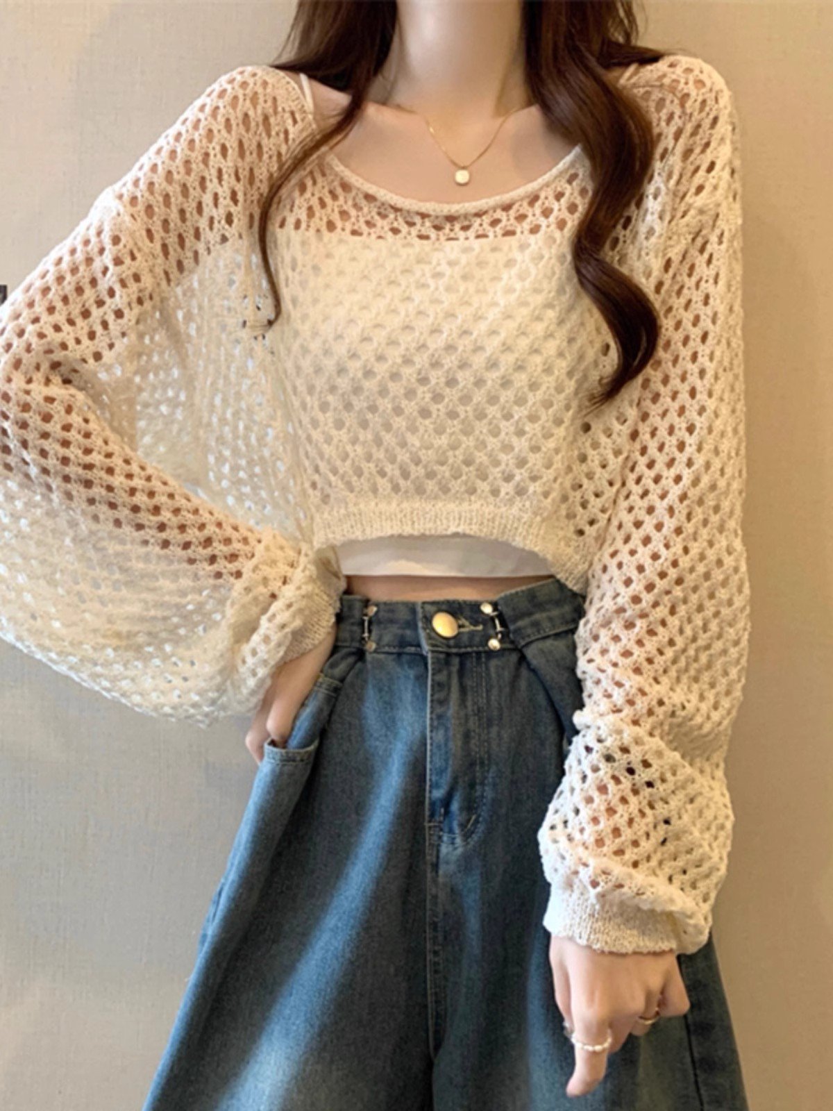 纯欲短款针织镂空罩衫上衣女春季波西米亚