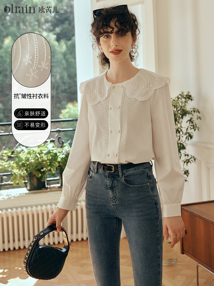 少女灵动感！定制蕾丝娃娃领雪纺衫
