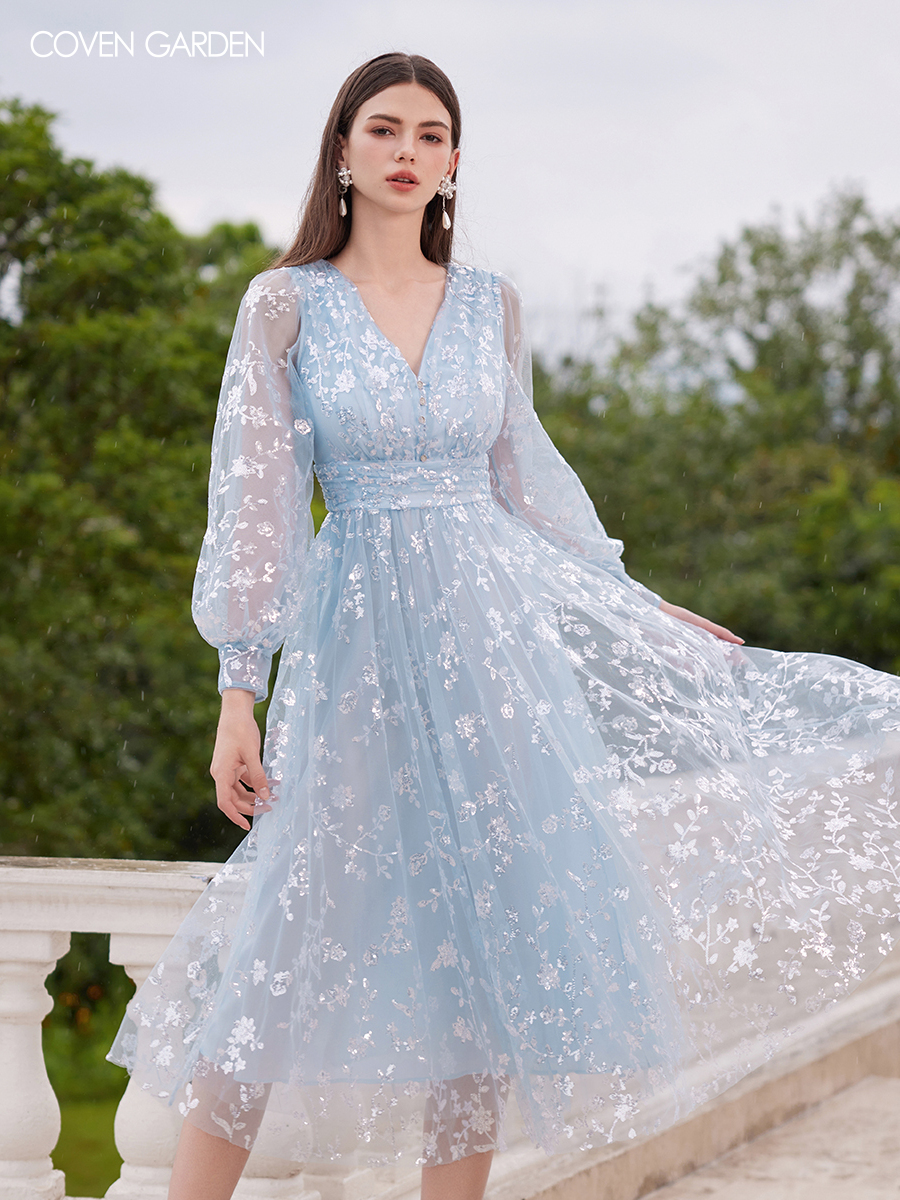 哥文花园秋季新款珠片网纱刺绣连衣裙重工