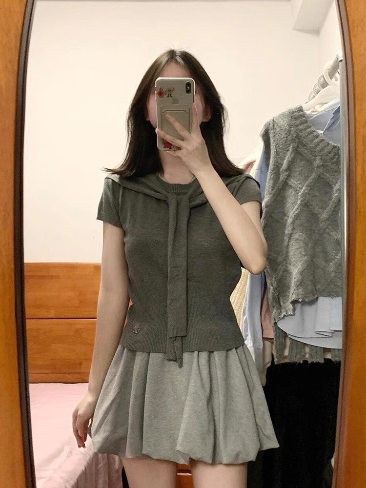 韩系灰色假两件系带正肩短袖t恤女夏季小个