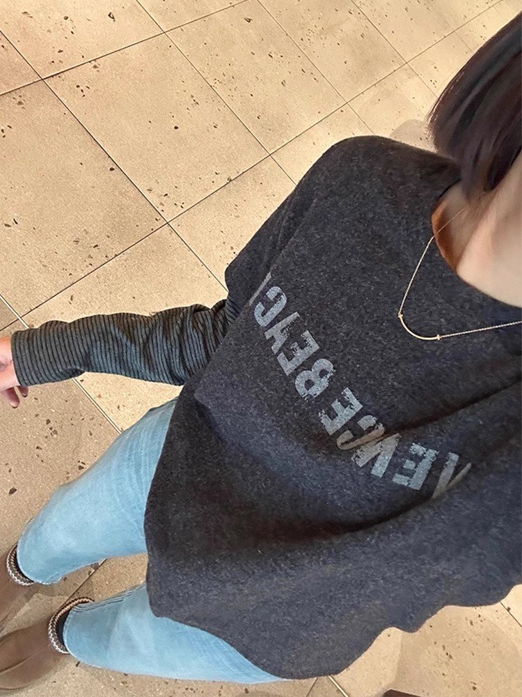 美式复古灰色印花假两件长袖t恤女春秋甜辣