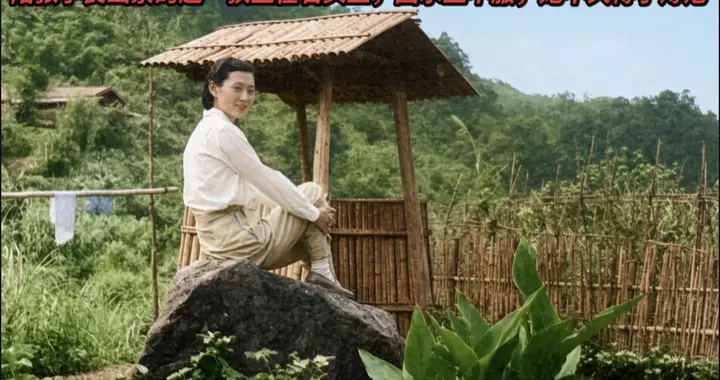 陪张学良幽禁的赵一荻坐在大石头上，因水土不服，她不久得了痔疮