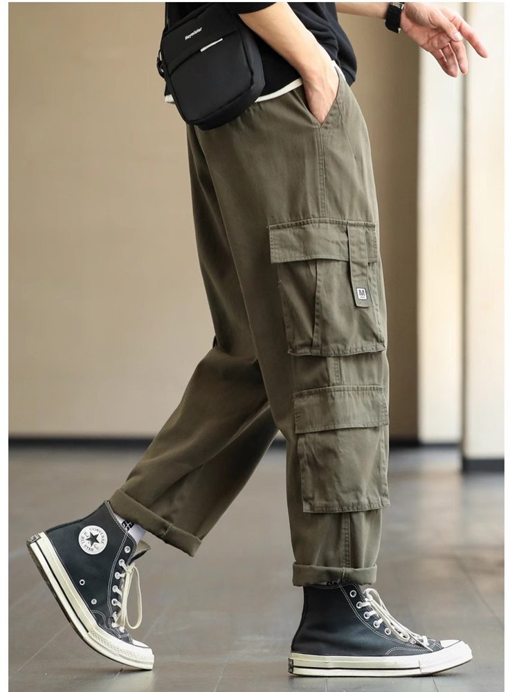 男士日系直筒工装裤男春夏潮牌美式军绿色裤