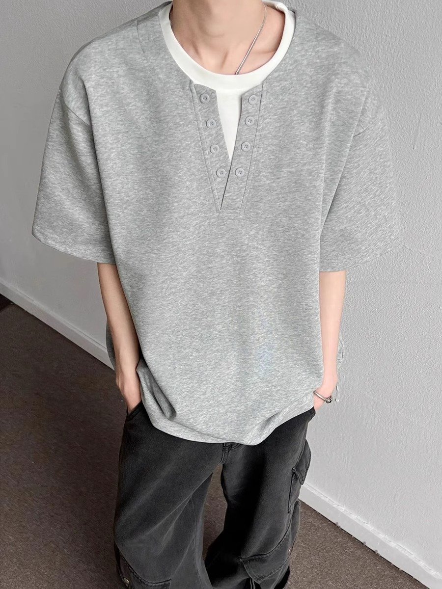 花灰色假两件v领t恤男夏季美式正肩小领口