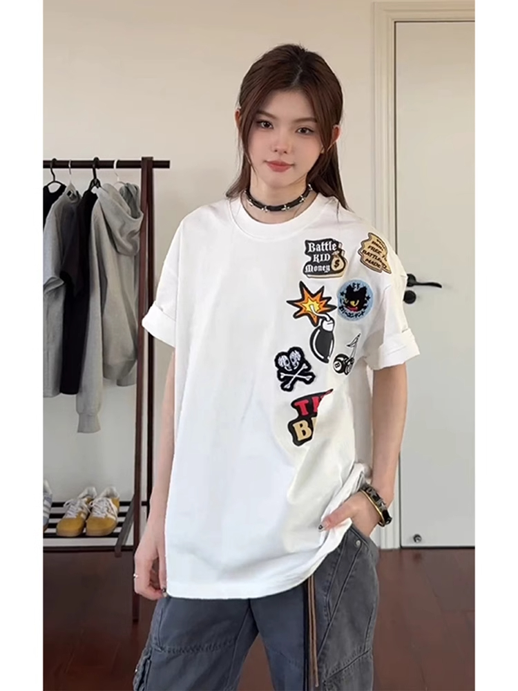 卡通刺绣正肩短袖男款夏季设计感小众内搭重