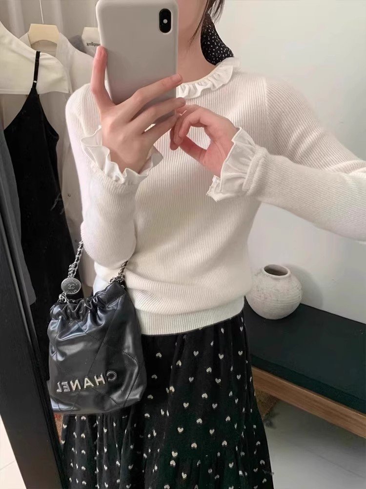 小个子白色木耳边修身内搭打底衫女春秋季独