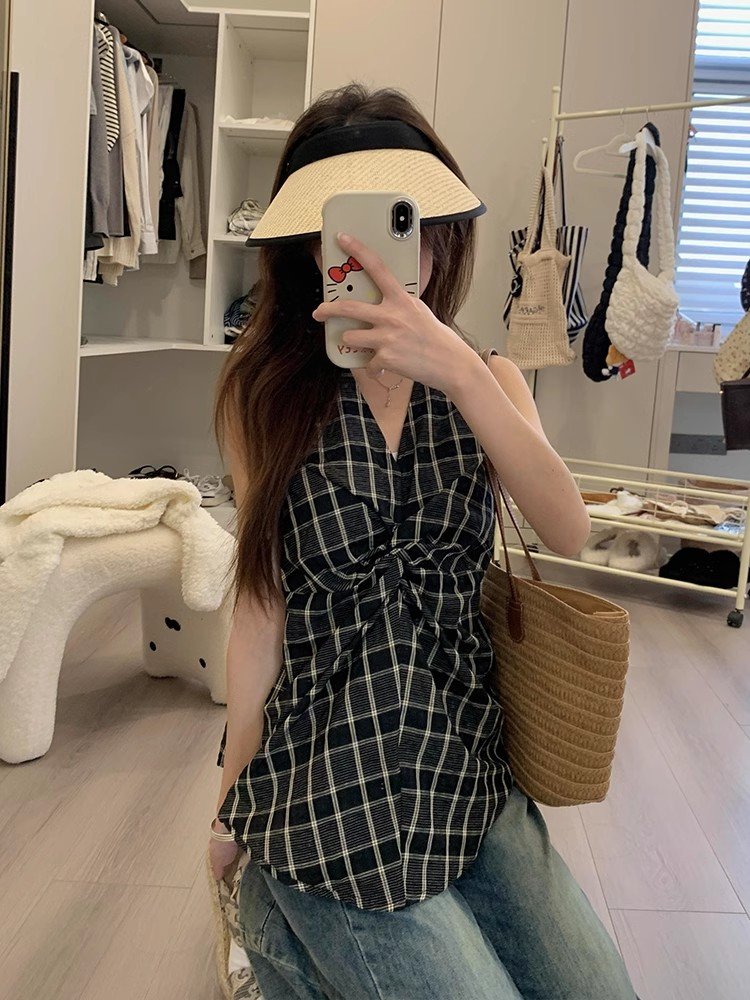 法式黑白格子挂脖v领无袖衬衫女春秋掐腰短