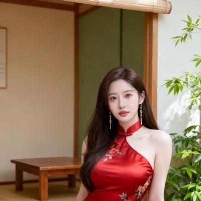 梦柔：红衣美人倚木桌，古风韵味满庭香