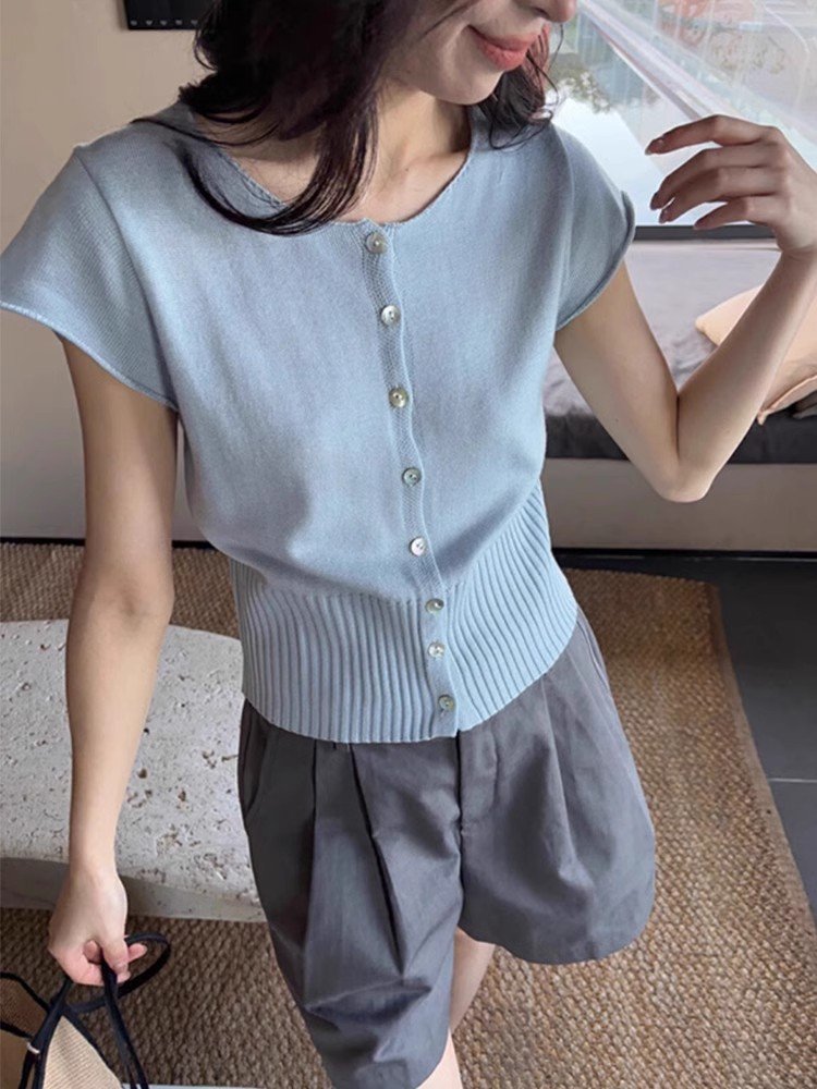法式蓝色针织冰丝小飞袖短款绝美修身小上衣
