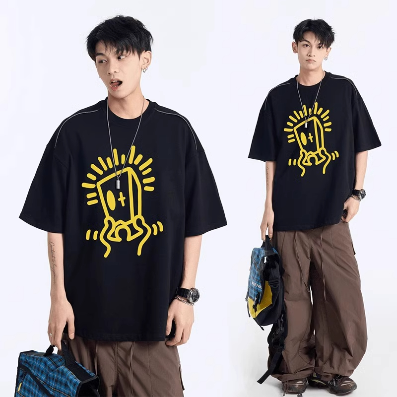 纸袋人印花拉链t恤男夏季美式高街正肩短袖