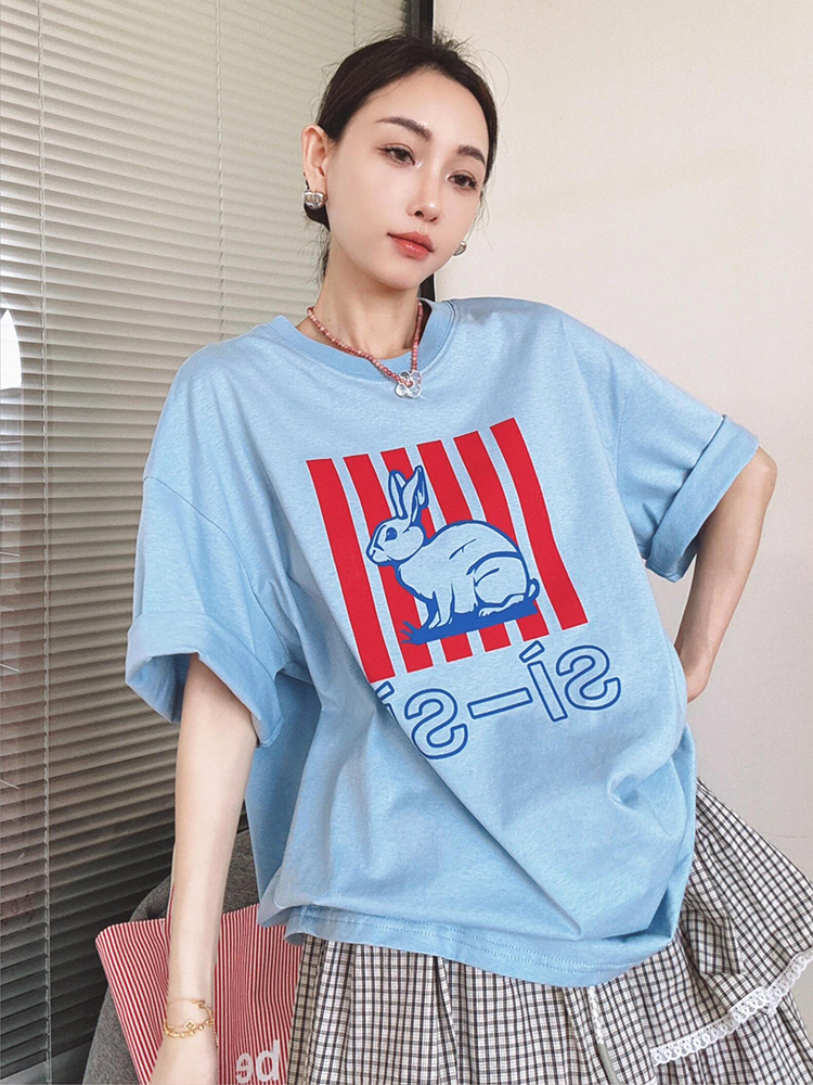 单穿上衣小众不撞款圆领蓝色印花t恤女夏