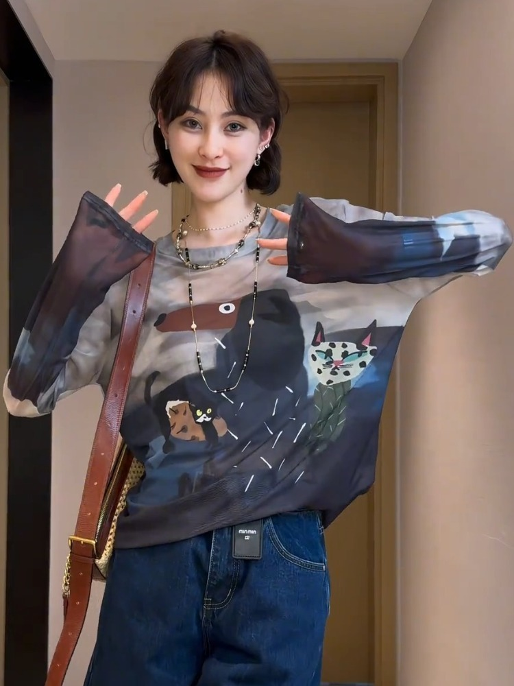 单穿上衣小众设计宽松慵懒印花长袖T恤夏