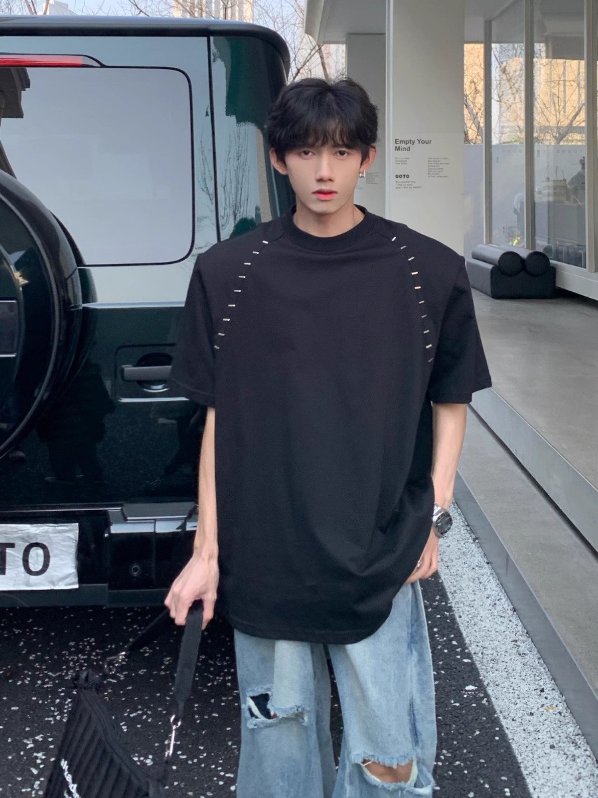 垫肩金属设计感短袖t恤男美式潮牌发型师上