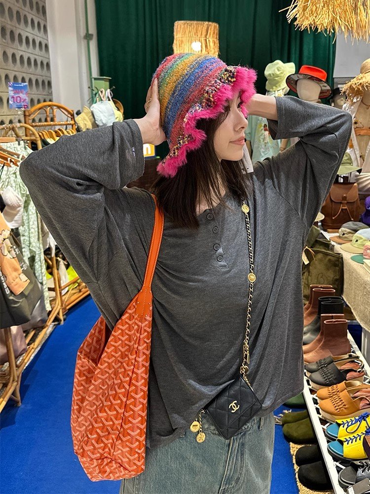 韩系灰色半开领长袖t恤女早春季外搭独特超