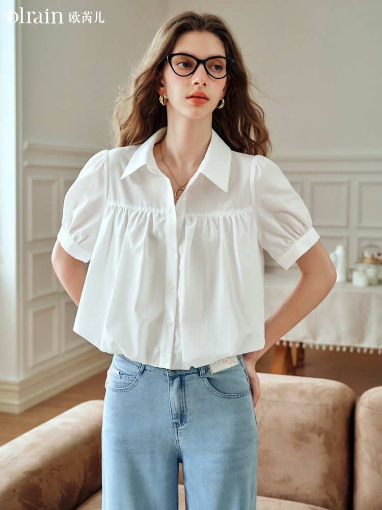 米白色设计感气质通勤短袖衬衫