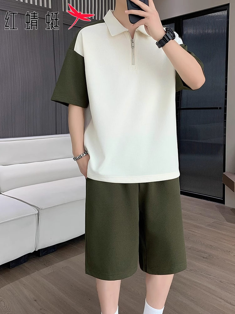 红蜻蜓撞色休闲套装男士夏季短袖Polo衫