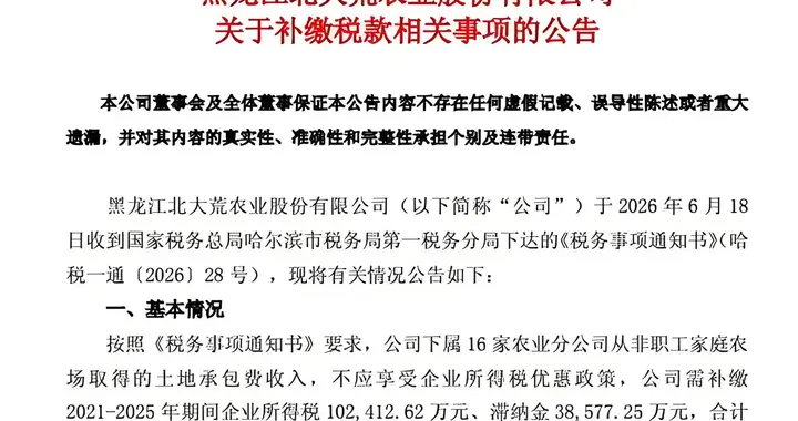 北大荒14亿补税炸盘！六年隐雷曝光，A股减税股集体预警