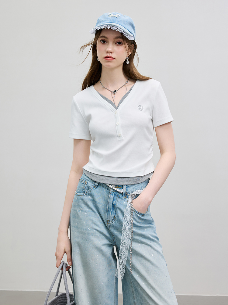 miumiu撞色拼接蓝色假两件系列t恤
