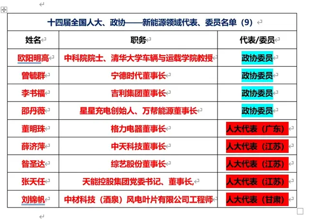 新能源领域2025年两会代表、委员名单