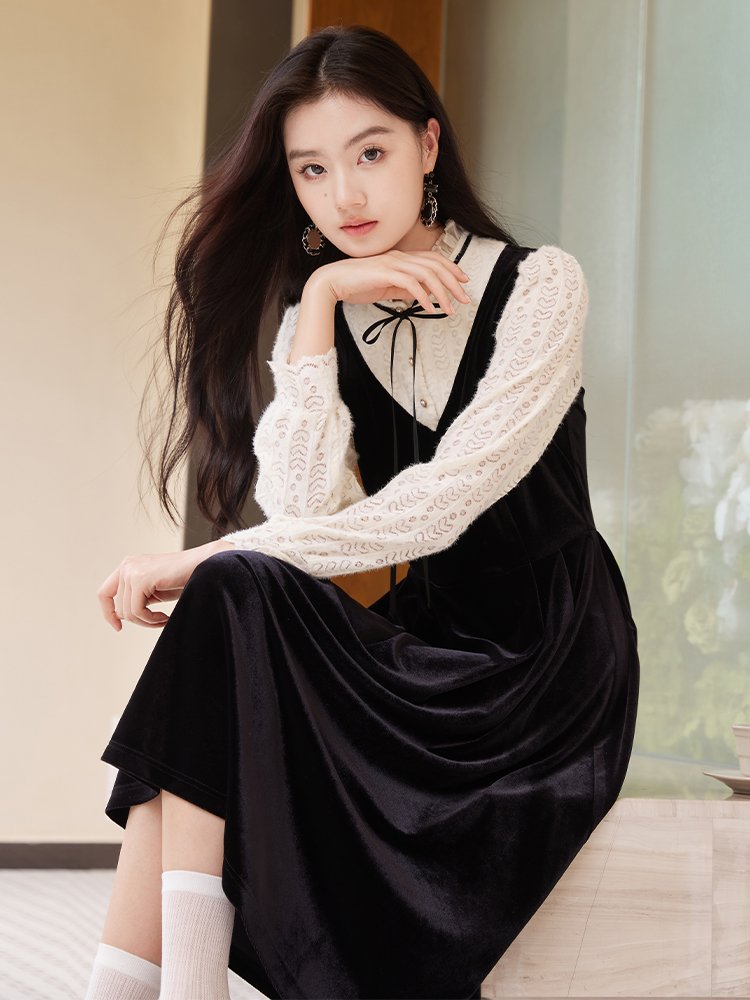 香影黑色丝绒连衣裙女