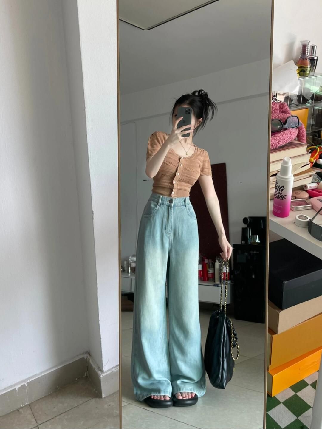 韩系杏色u领钩花短袖针织t恤女夏季小个子