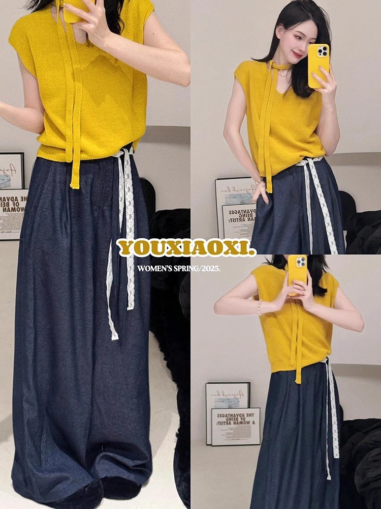 韩系黄色挂脖飞飞袖短款正肩女上衣小个子冰