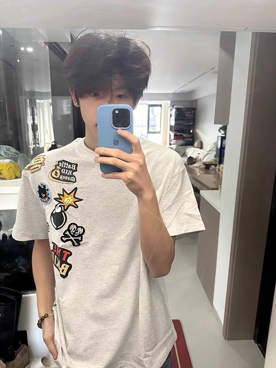 花灰色涂鸦印花t恤男款夏季潮牌潮流重磅短