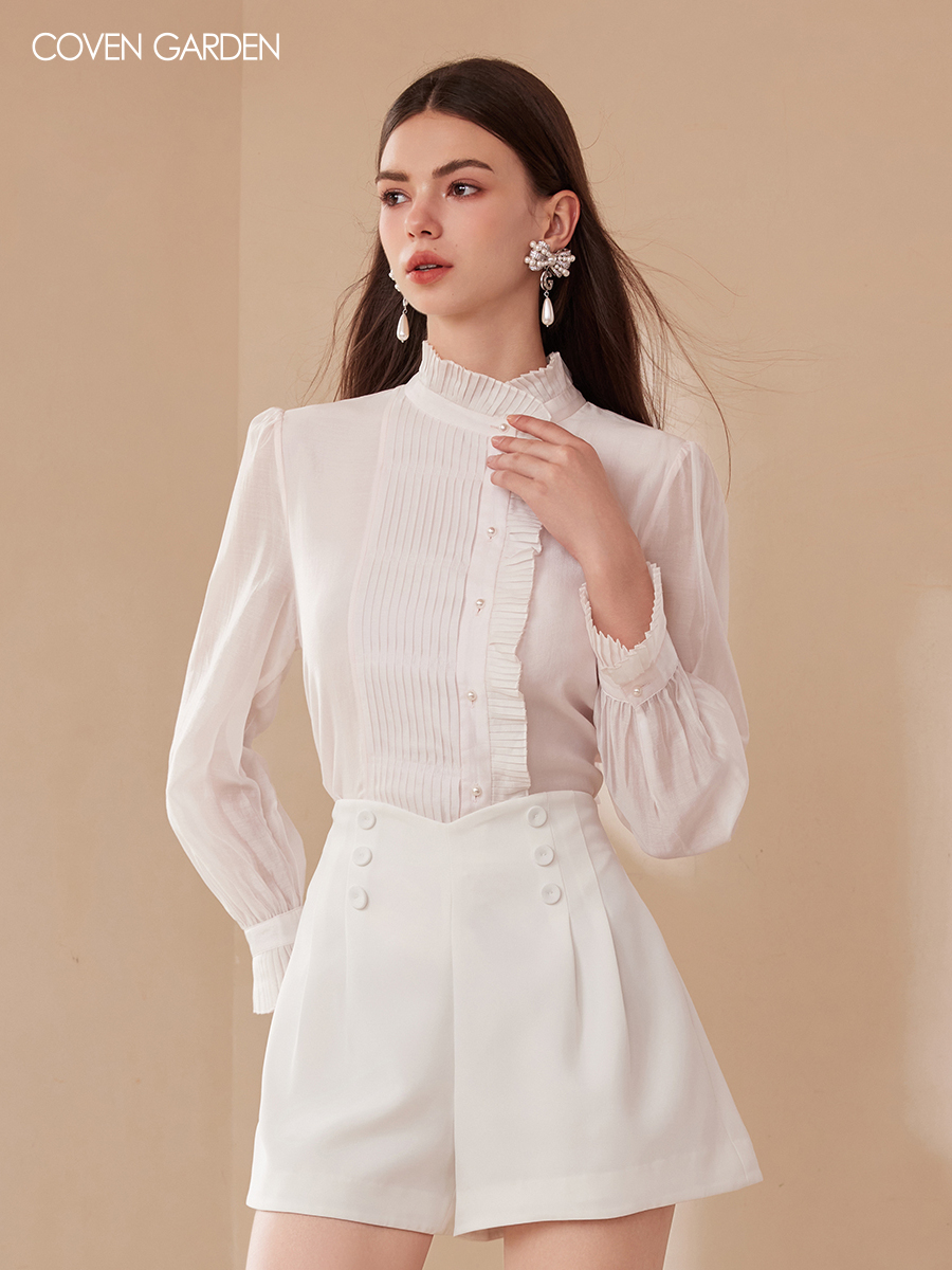 哥文花园秋季新款职场千金压褶法式粉色衬衫