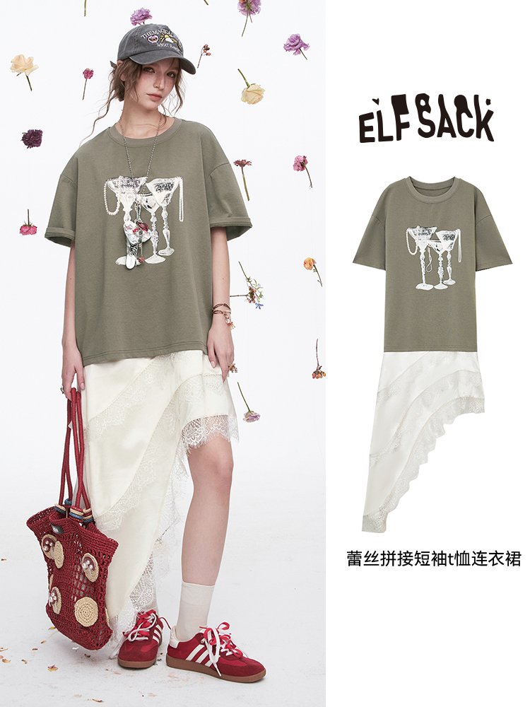 蕾丝拼接印花短袖t恤连衣裙