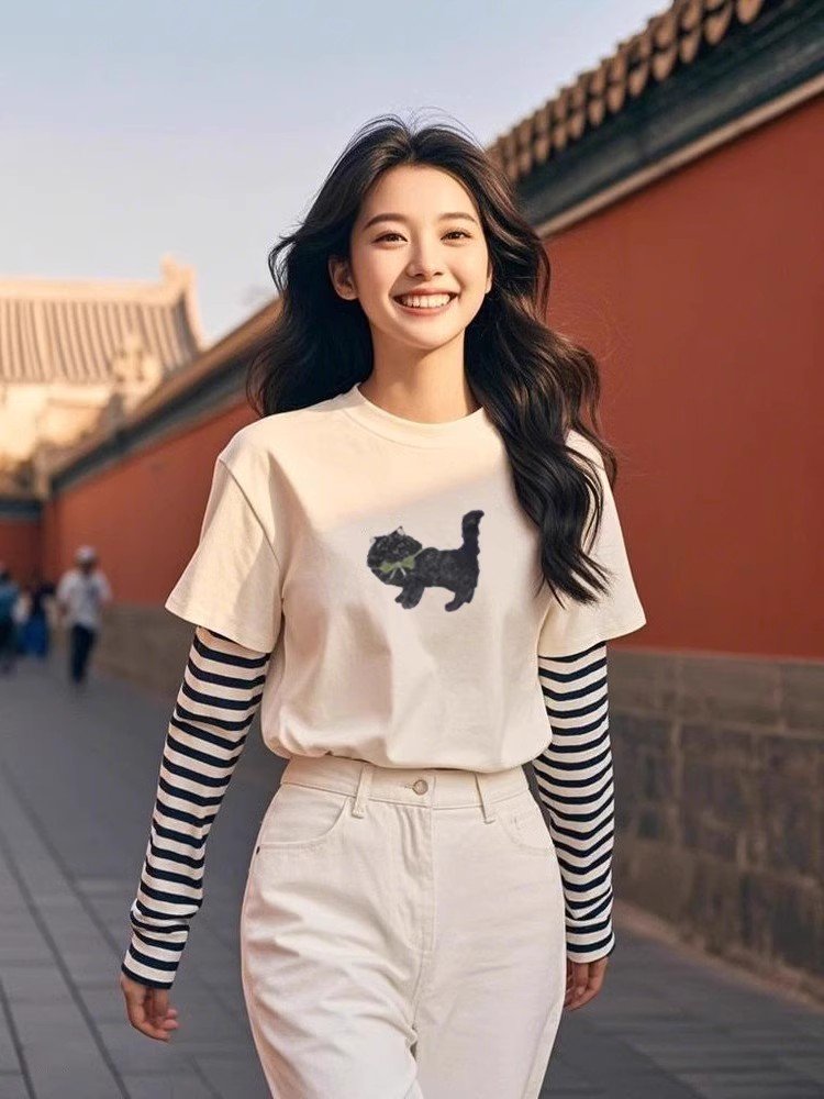 今年流行杏色假两件长袖T恤女春季2025