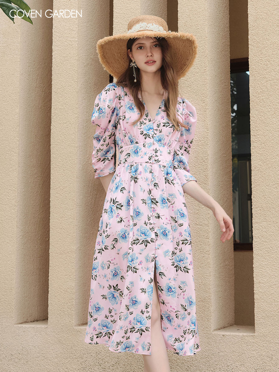 法式碎花茶歇裙连衣裙收腰度假风