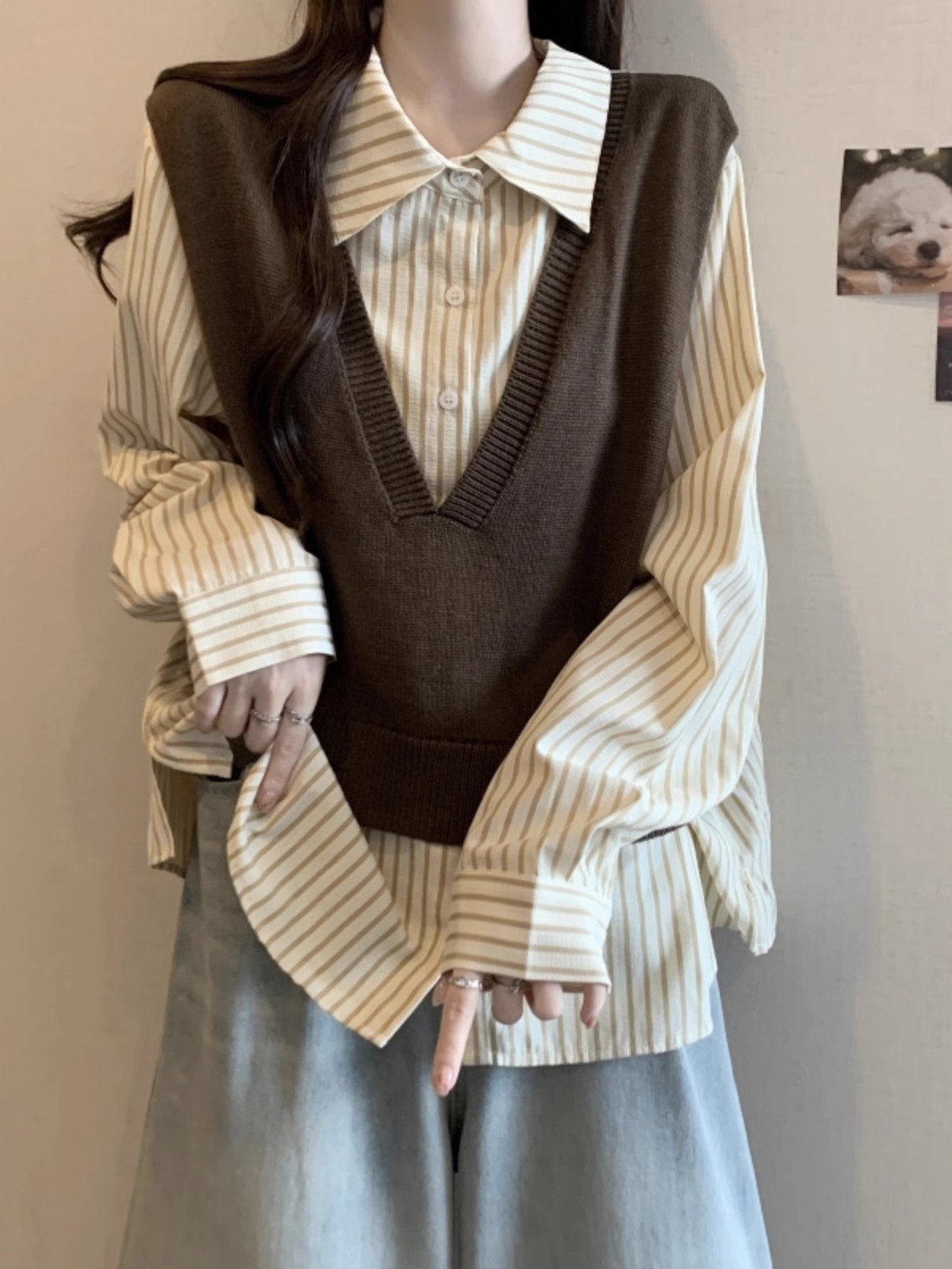 条纹假两件拼接马甲长袖衬衫女春季高级感