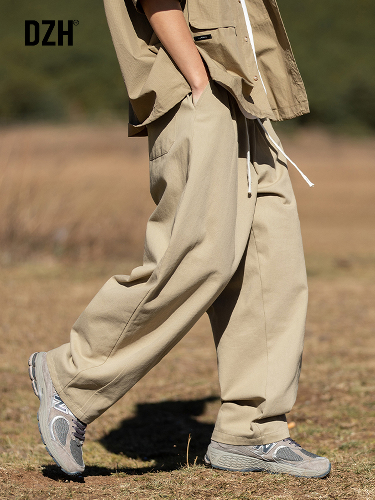 男士慵懒松弛感裤子男休闲裤秋季宽松直筒裤卡其色工装裤2024新款