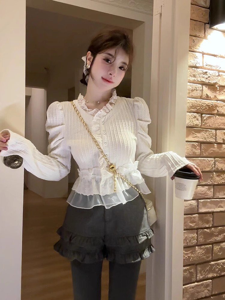 法式白色蕾丝v领长袖衬衫女春秋季蕾丝下摆