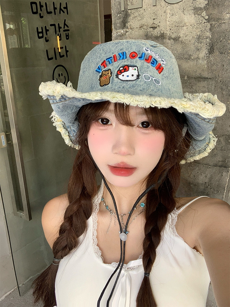 夏季水洗牛仔可爱kitty猫刺绣渔夫帽