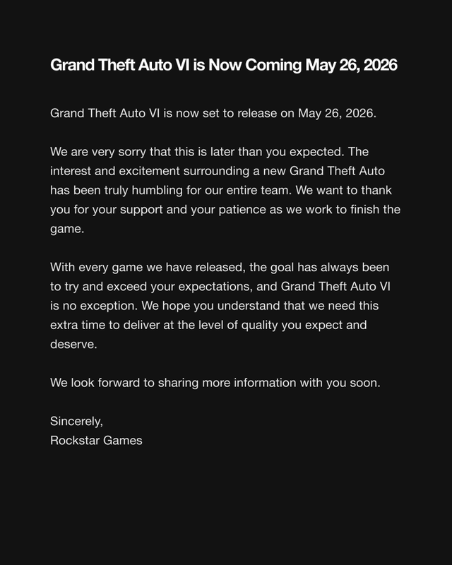 发布时间已推迟！Rockstar宣布《GTA 6》将于2026年5月26日发布