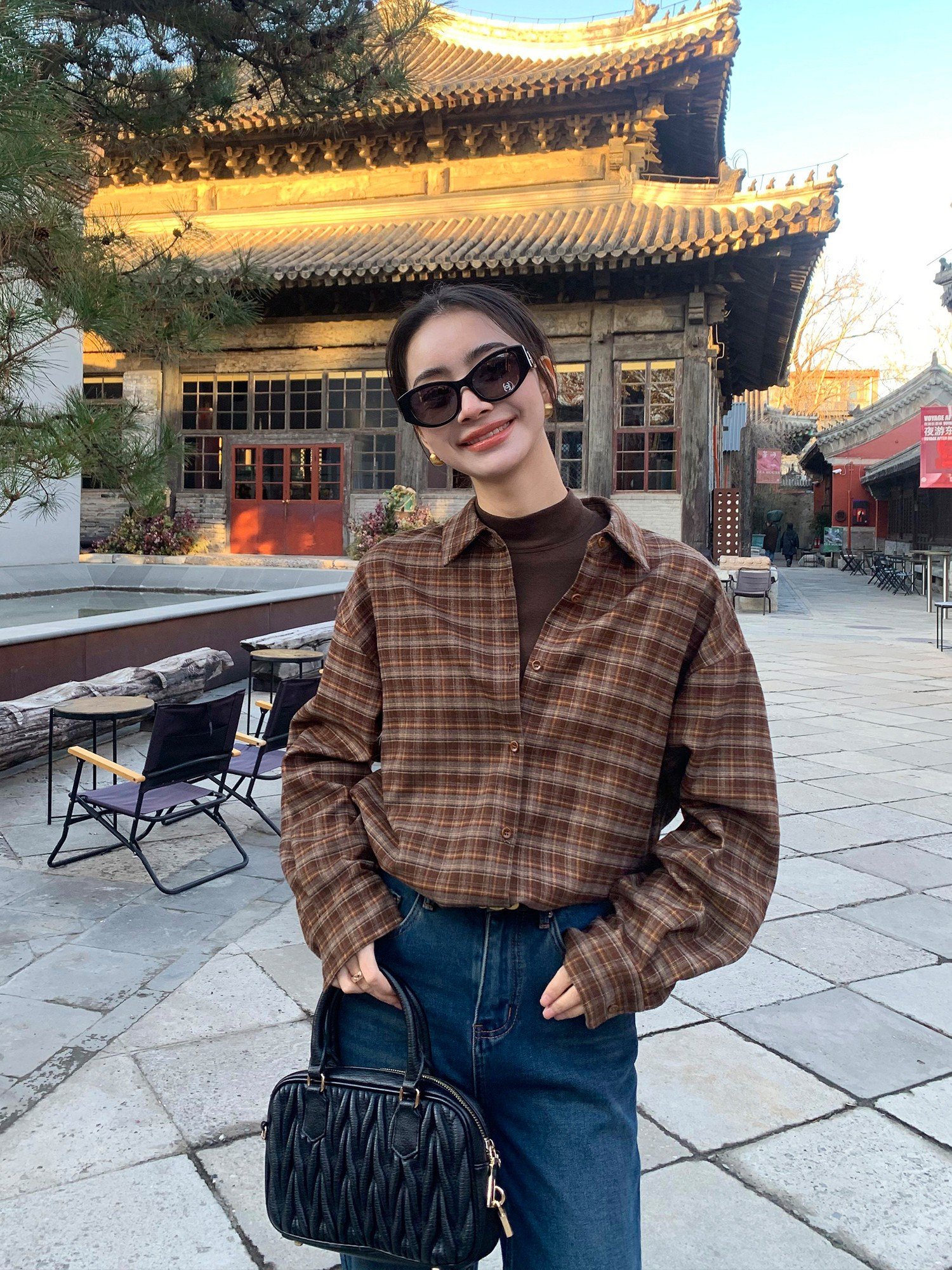 pusumede复古磨毛格子衬衫女外穿