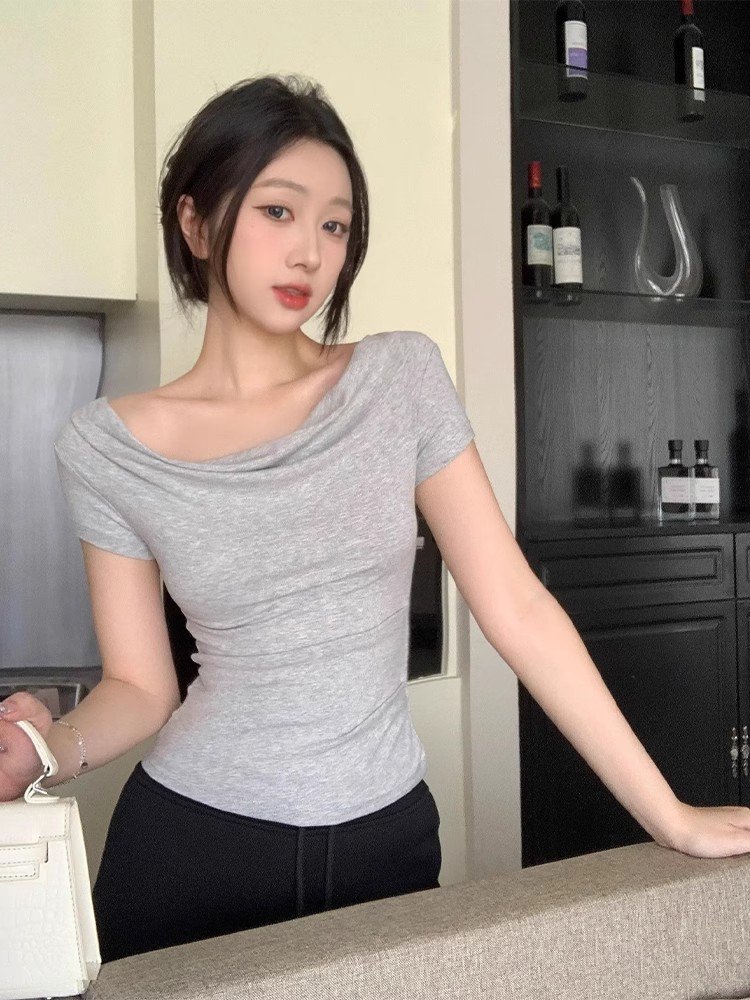 法式灰色荡领修身独特绝美小上衣女夏季20