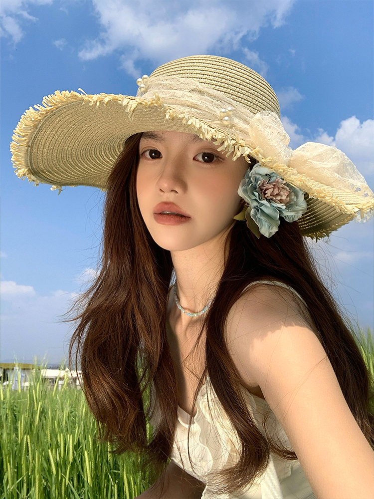 夏季大帽檐遮阳防晒蕾丝蝴蝶结编织草帽!
