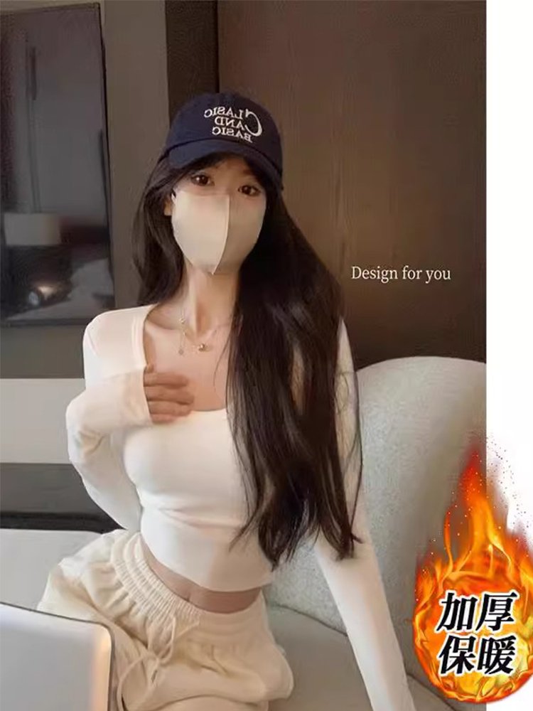 甜辣u领高腰露脐长袖t恤女秋冬季加厚内搭