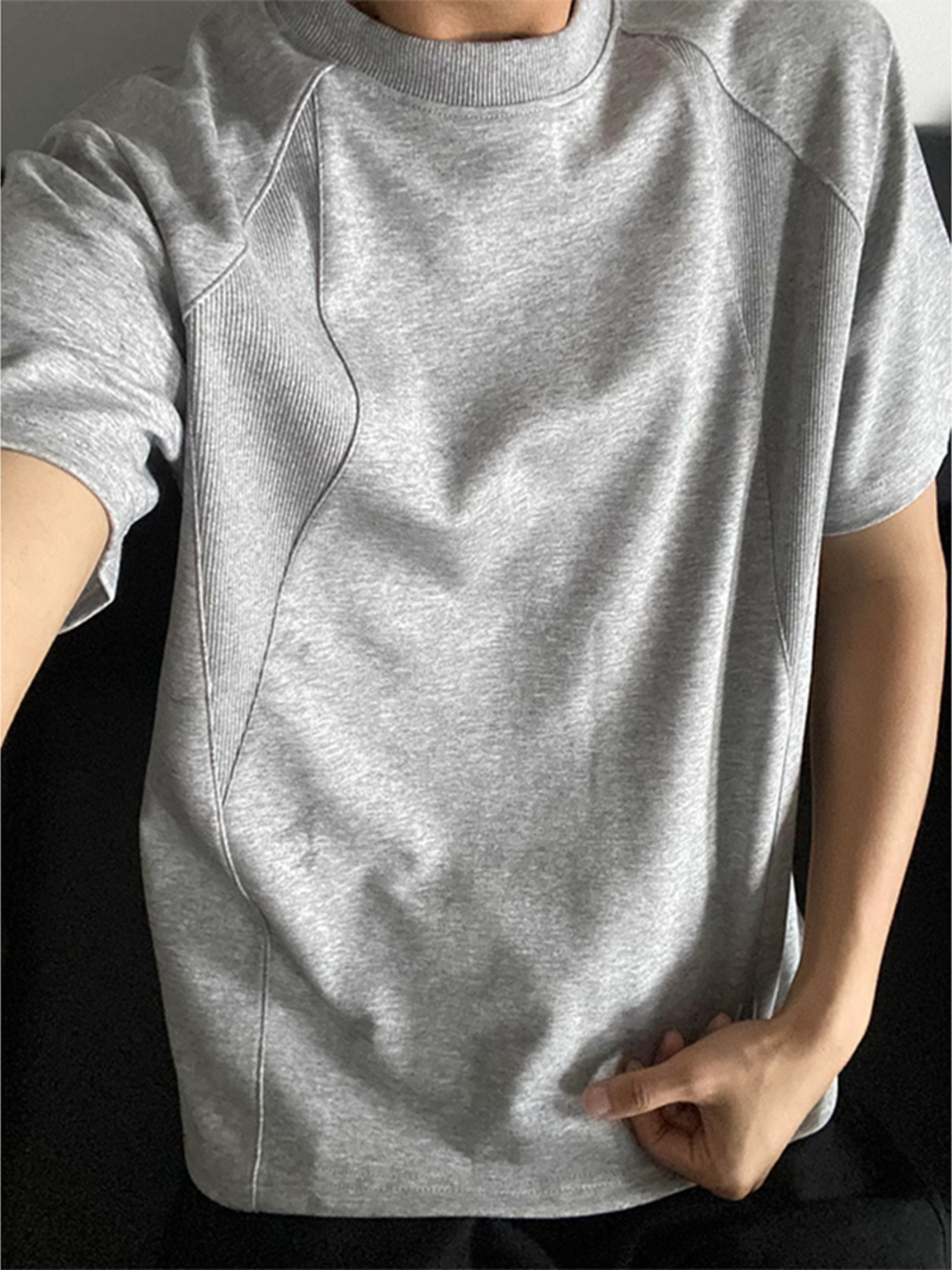 索罗娜裁剪拼接短袖男款夏季美式复古小领口