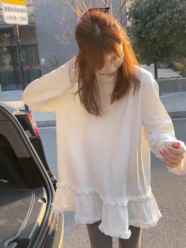 白色中长款花边宽松内搭打底衫上衣女春秋款