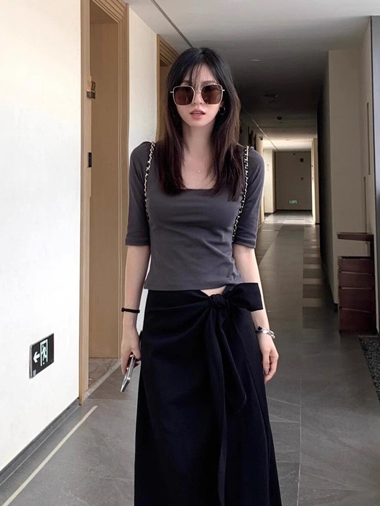 韩系灰色冰丝方领正肩短袖t恤女夏季小个子