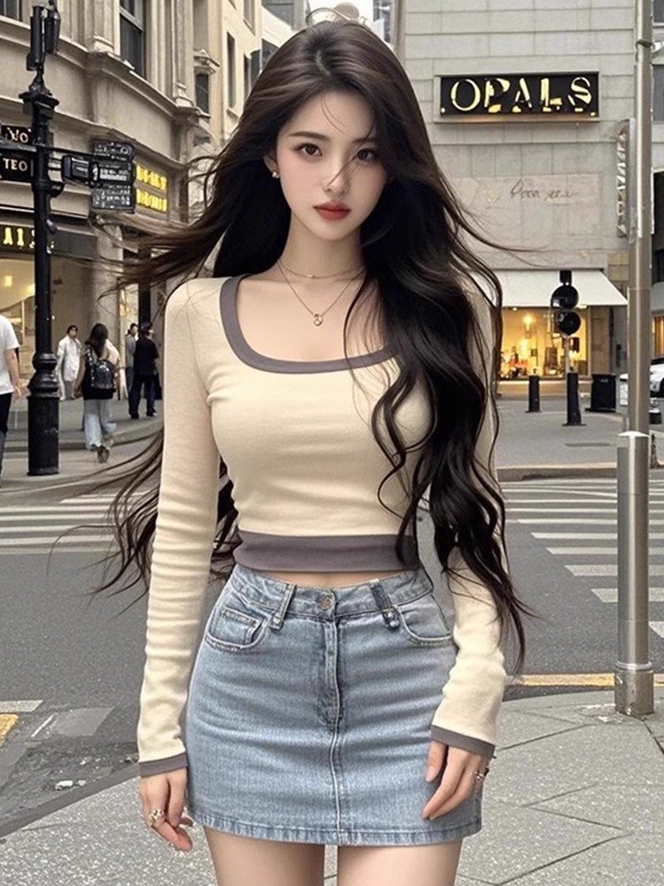 杏色假两件大领口长袖t恤女春秋短款修身打