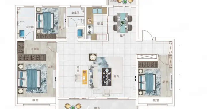 三卧户型：纵透大客厅+超级阳台，布局实用又舒适